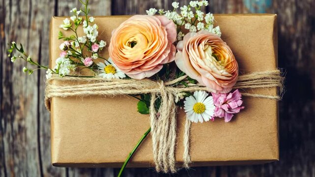 Gift wrapped in brown paper with fresh flowers on a rustic wooden table during daylight