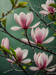 Obraz premium Delicate pink magnolia blossoms on green branches.