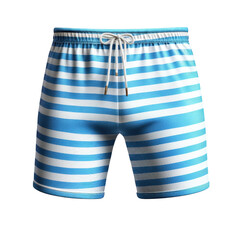 Stylish blue and white striped shorts laid flat on a neutral background showcasing their trendy design and comfort fit isolated on transparent background..