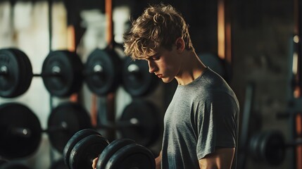 A young man with curly blonde hair stands in a gym, lifting dumbbells to build strength and tone muscle through dedicated exercise.