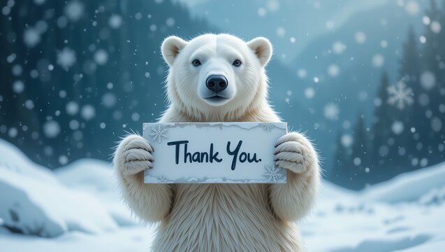 A polar bear holds a sign that says 'Thank You', set against a snowy, forest background, showcasing wildlife and appreciation.