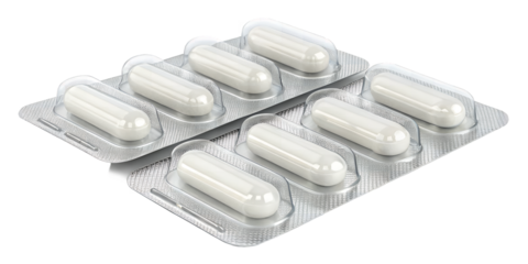 Pharmaceutical Capsules: A close-up, clinical depiction of neatly arranged, pristine capsules in a blister pack, representing the essence of pharmaceutical products.