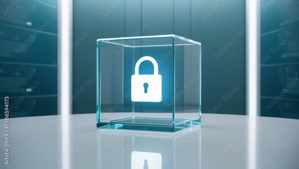 Poster glowing secure file icon encased in floating glass cube over tech background representing storage
