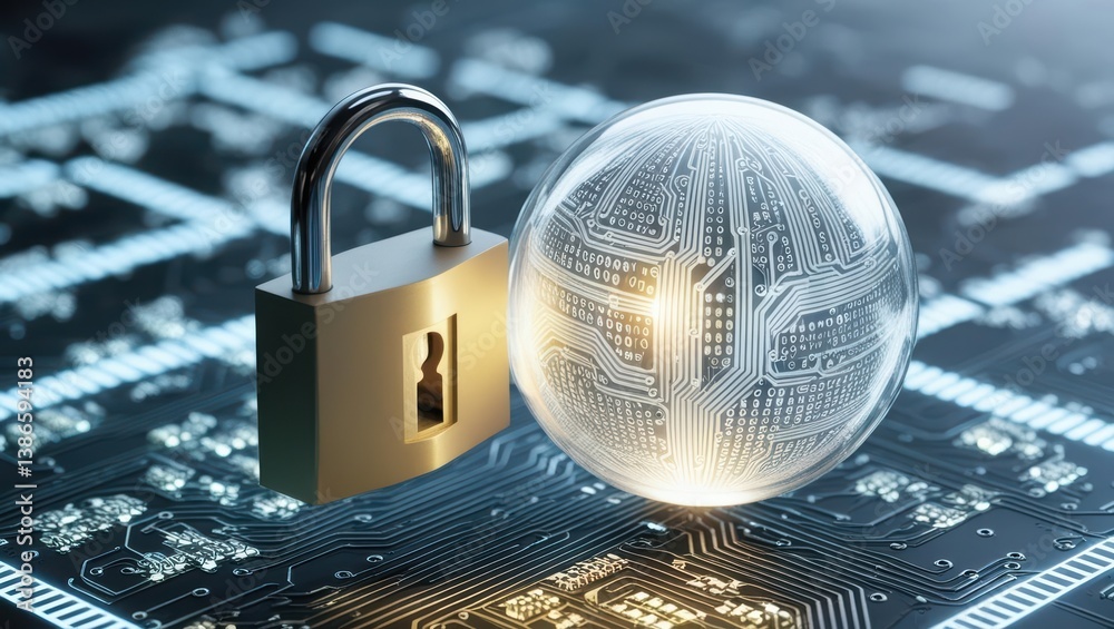 Poster transparent sphere with structured data patterns securely locked above digital grid representing sec