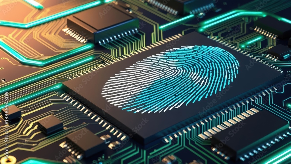 Poster stylized fingerprint integrated into circuit board with glowing lines indicating secure data access