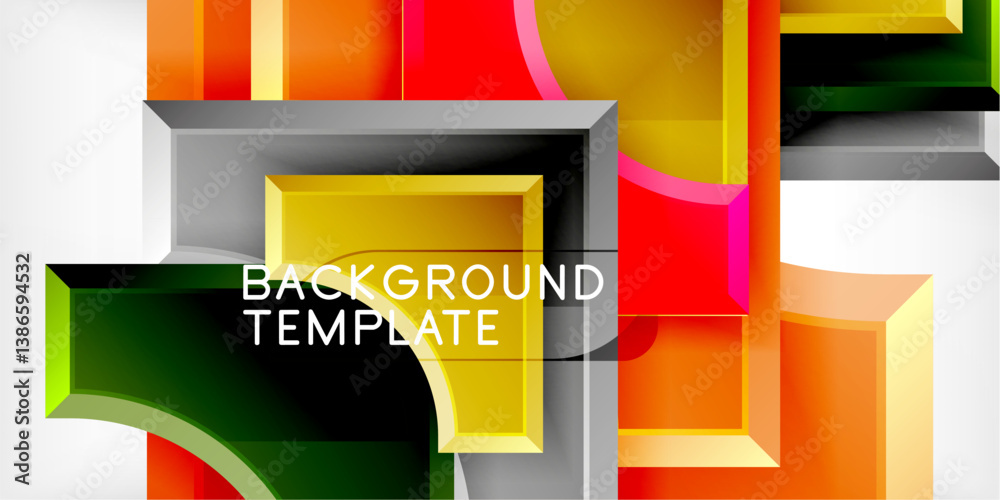 Poster Bright geometric shapes overlap creating modern design. Vivid colors, gradients, shadows add depth. Abstract composition suitable for backgrounds, presentations.