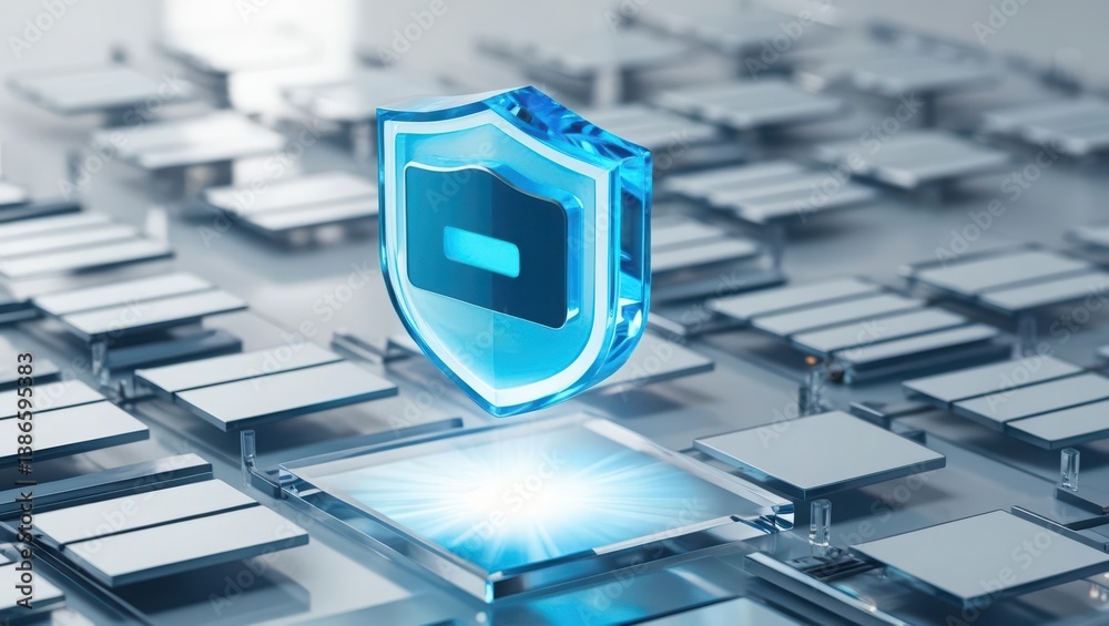 Poster crystal clear digital vault icon hovering above a code grid with soft glow and light reflections