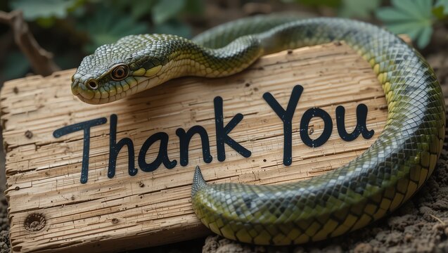 A snake resting on a wooden sign that says 'Thank You,' highlighting its natural beauty in a forest setting.