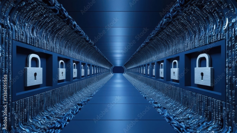 Poster endless data tunnel made of flowing encrypted particles with lock icons embedded in the walls