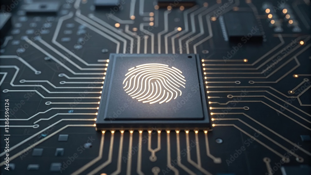 Poster fingerprint embedded in a circuit board illustrating biometrics and cybersecurity technology concept
