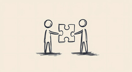 Fototapeta premium Cooperative Endeavor: Simple illustration capturing two figures collaborating to fit a puzzle piece together, embodying the essence of teamwork, problem-solving, and synergy in a minimalistic style.