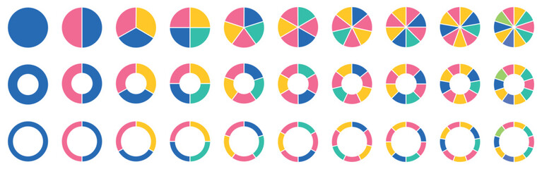 Pie charts diagrams. Different color circles isolated. Infographic element round shape. Vector eps 10