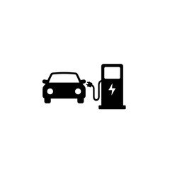 Electric Vehicle Charging Station Icon with Car Silhouette – Green Energy Auto Show Concept & EV Infrastructure Symbol