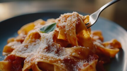 A plate of fresh pasta with tomato sauce, basil, and parmesan. Featuring classic Italian flavors