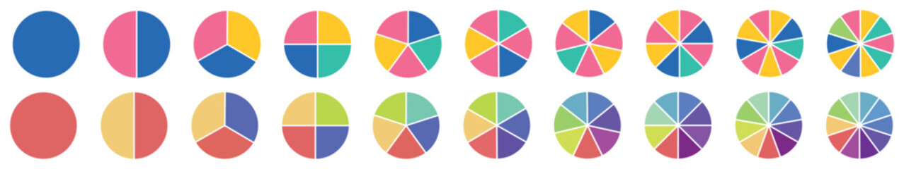 Pie chart set, segmented circle icons, circle diagram. Pie chart divided 1,2,3,4,5,6,7,8,9,10, equal parts. Infographic wheel segment or section part shapes. Vector illustration.