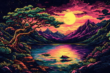 Fototapeta premium Pixelated Paradise: A vibrant, pixelated landscape presents a tranquil lake scene at dusk, under a large, glowing moon. Capturing a sense of calm with stylized beauty.