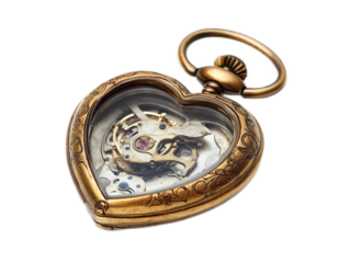 Antique pocket watch with heart shaped case and visible mechanism on white background