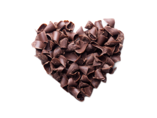 Heart shaped from chocolate shavings curled delicately on white background