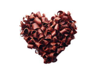 Heart shaped from chocolate shavings curled delicately on white background