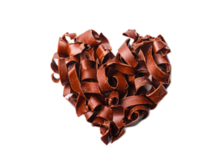 Heart shaped from chocolate shavings curled delicately on white background