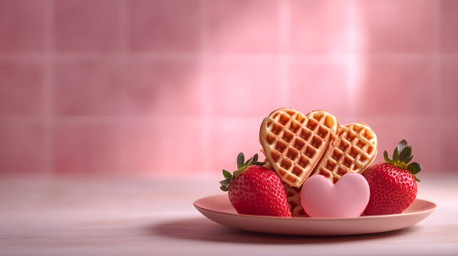 Sweet Valentine treat: Heart-shaped waffles and strawberries arranged on a plate against a pink background, a delightful dessert for breakfast. - Powered by Adobe