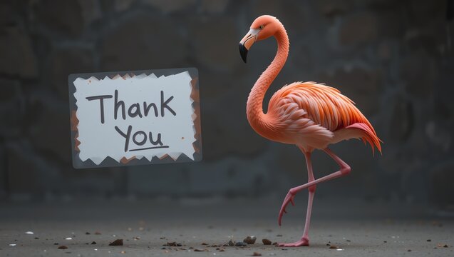 A vibrant flamingo gracefully walking with a 'Thank You' message in the background, symbolizing gratitude and nature's beauty. - Powered by Adobe