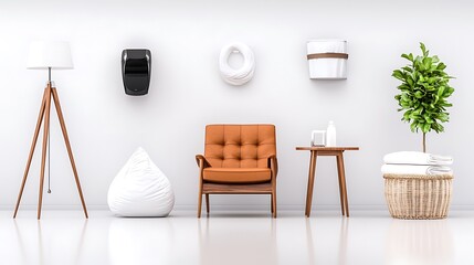 Clean, minimalist living room scene with lamp, chair, wall decor, towels, and plant on white background