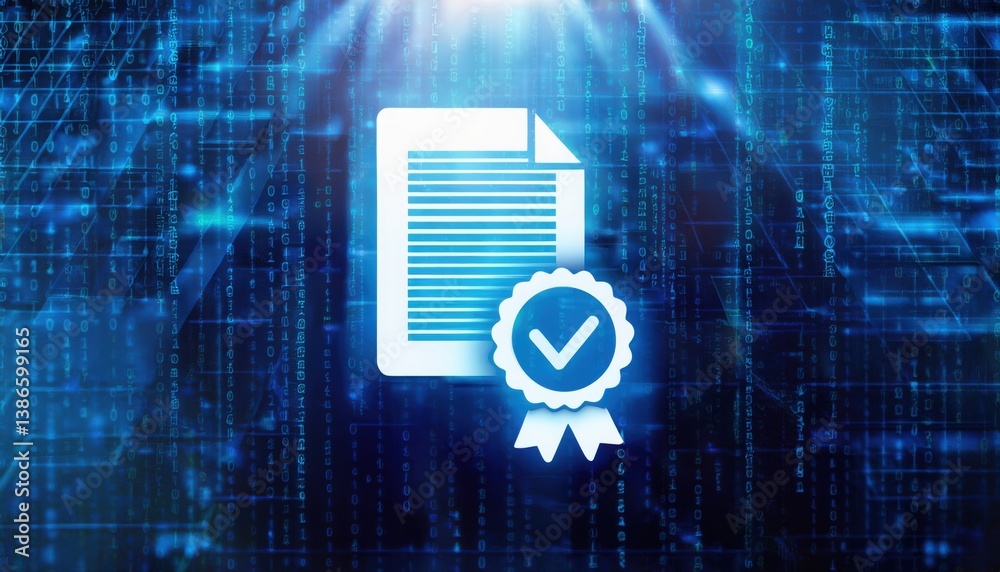 Poster a document displaying a tick mark on it signifying approval over a secure data background
