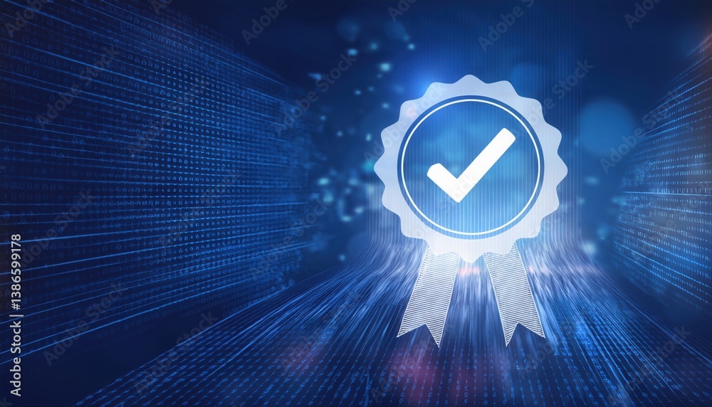 Poster a blue and white check mark on a secure data background highlighting approval and validation process