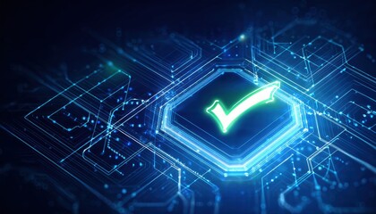 Fototapeta premium Glowing green tick symbol on circuit board representing digital approval and connectivity concept