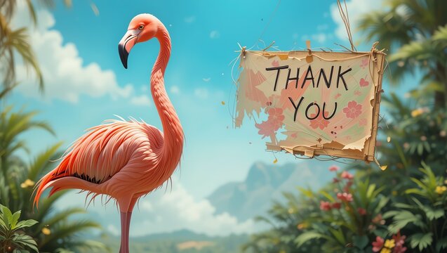A vibrant pink flamingo stands beside a rustic 'Thank You' sign in a lush tropical setting, capturing a cheerful mood. - Powered by Adobe