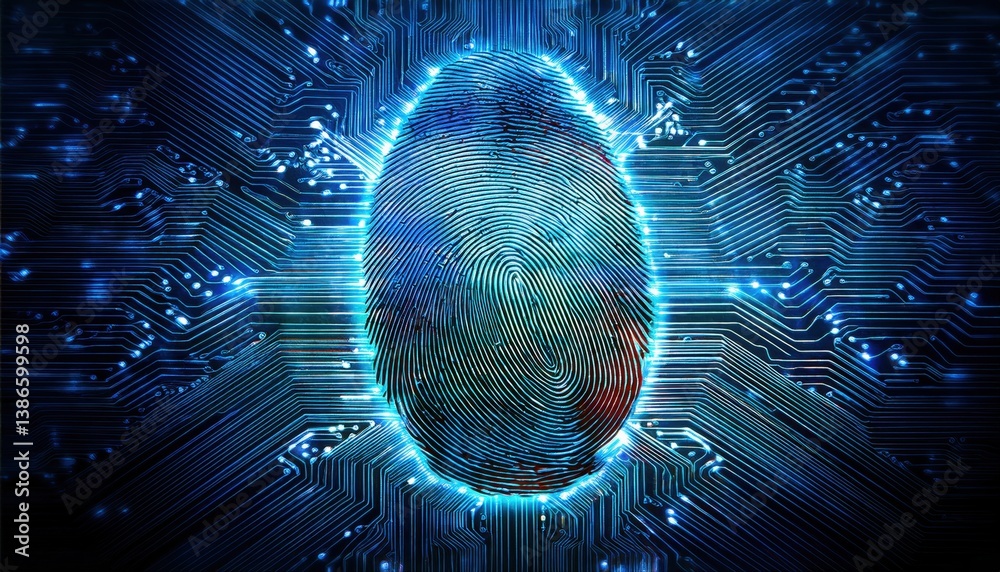 Poster stylized fingerprint embedded in circuit board with transparent overlay highlighting digital identit