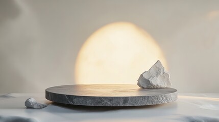 Minimalist stone podium display, abstract background, spotlight, product presentation