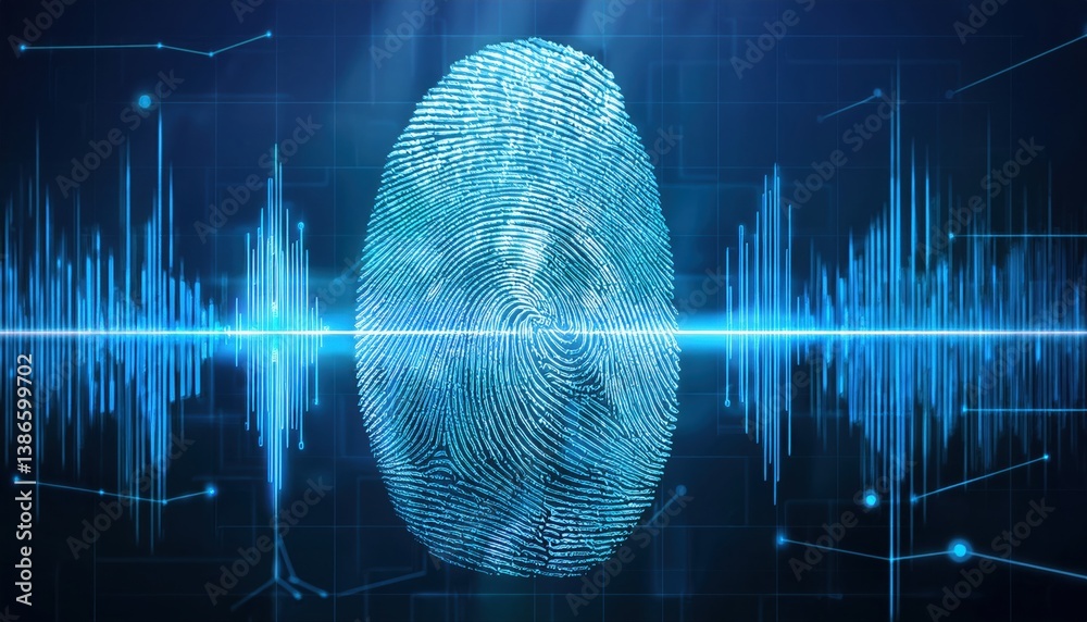 Poster intricate fingerprint placed on a high-tech digital background with encryption waveform design