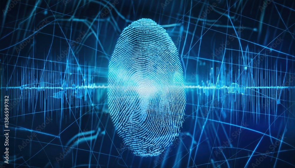 Poster distinctive fingerprint accompanied by a sound wave on a digital background with encryption elements