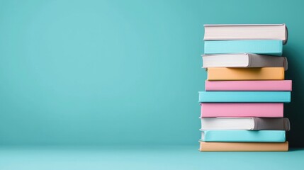 Stack of colorful books against teal backdrop
