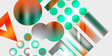 Abstract shapes, vibrant colors, smooth gradients. Spheres, cylinders, triangle. Modern design, clean aesthetic, dynamic composition.