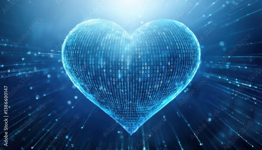 Poster heart shape formed from flowing binary code representing compassion and ethics in technology