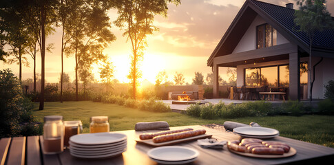 Fototapeta premium Sunset Feast: A table set for a delightful outdoor meal with an inviting house in the background, capturing the warmth of a beautiful sunset.