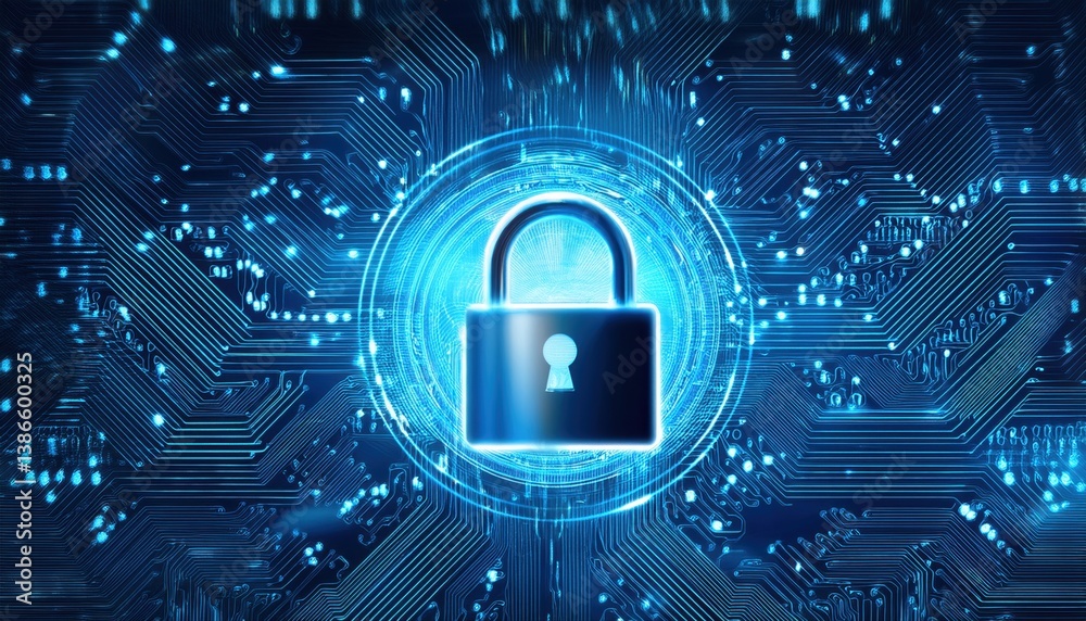 Poster glowing padlock surrounded by floating encrypted data symbols embedded in digital circuitry