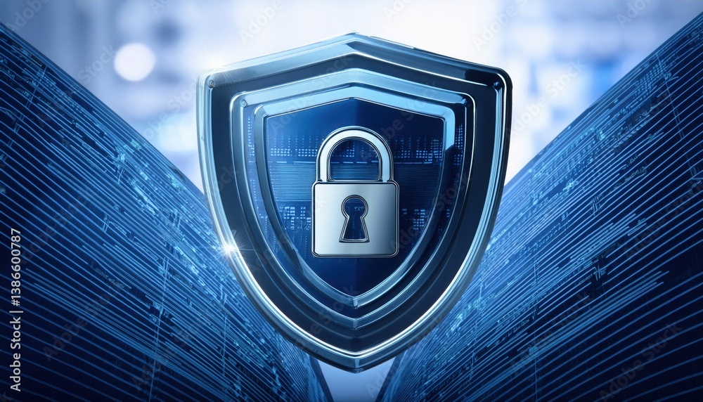 Poster security shield with lock layered over transparent data sheets showcasing multi-level encryption