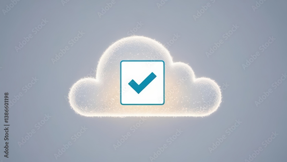 Poster floating consent checkbox in a digital cloud with light particles representing approval