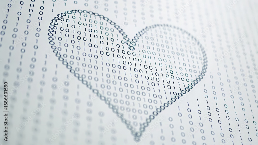 Poster heart formed from flowing binary code representing love and technology in a digital context
