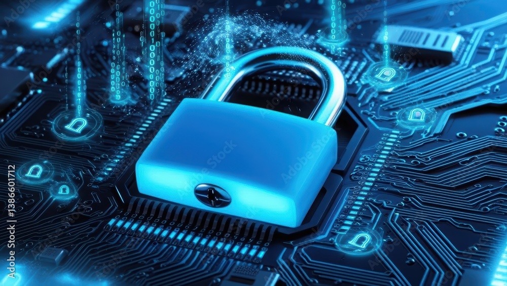 Poster glowing padlock surrounded by floating encrypted data symbols embedded in digital circuit board