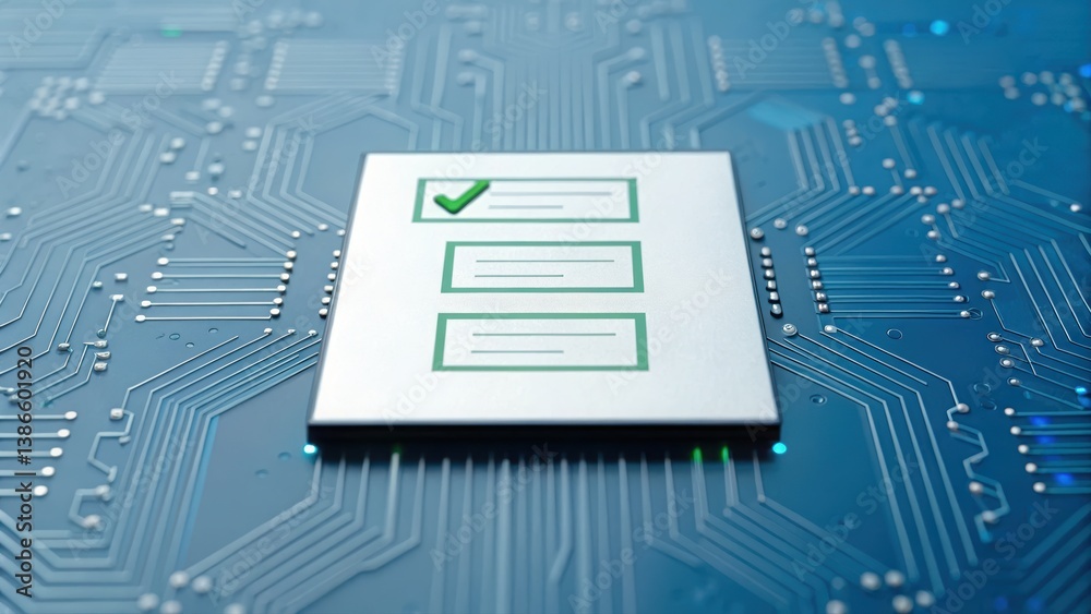 Poster computer chip with green arrow pointing up signifying consent form approval and progress