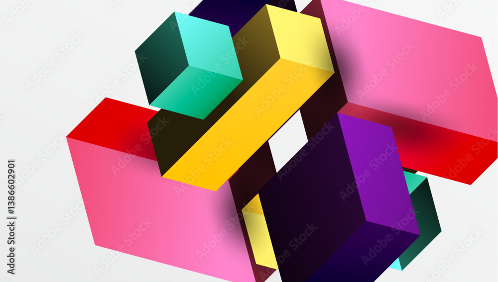 Poster bright geometric shapes overlap. vivid colors create dynamic composition. modern design, abstract ar