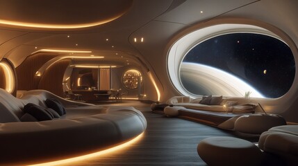 Futuristic Spaceship Interior with Planet View