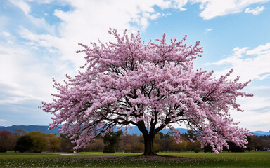 A beautiful cherry tree with pink blossoms in full bloom stands in a green field under a blue sky with white clouds. Spring landscape with mountains in the distance.