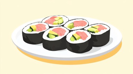 A plate of sushi rolls with avocado, tuna, and cucumber. Featuring Japanese cuisine
