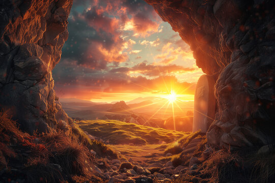 Serene depiction of Jesus&rsquo; resurrection with golden light, empty tomb, and peaceful Easter morning landscape. sunrise over the mountains